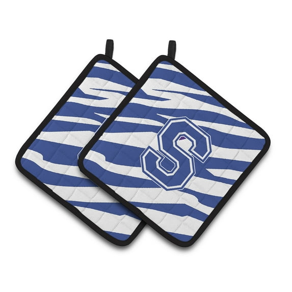 Caroline's Treasures Monogram Initial S Tiger Stripe Blue and White Pair of Pot Holders
