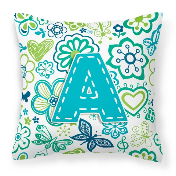 Caroline's Treasures Monogram Letter Flowers and Butterflies Teal Blue Indoor/Outdoor Throw Pillow