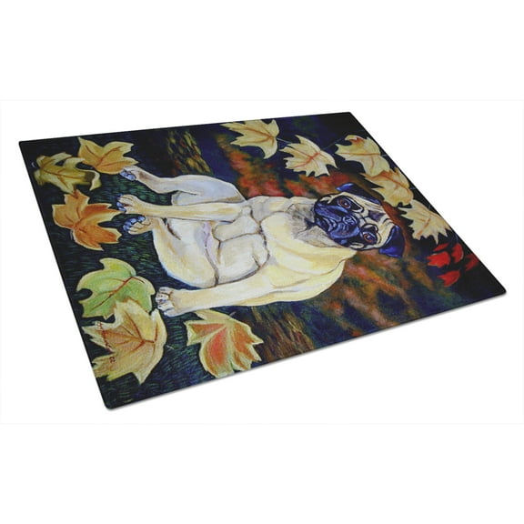 Caroline's Treasures Old Fawn Pug in fall Glass Cutting Board Large