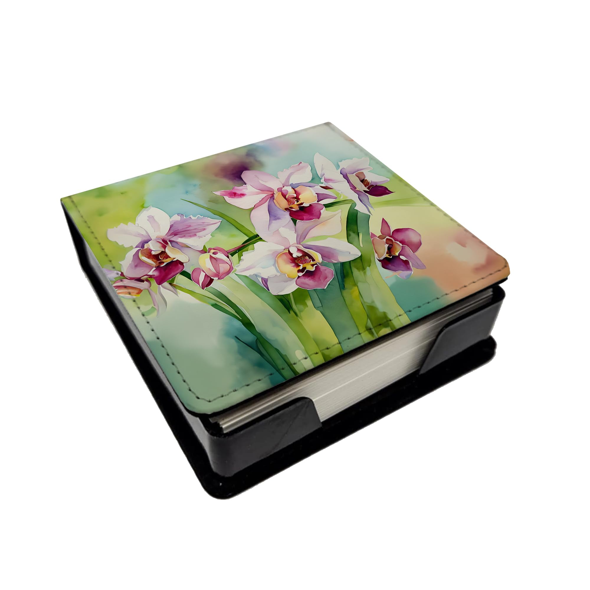 Caroline's Treasures Orchids in Watercolor PU Leather Note Paper Holder with Artist-Designed Cover, Desk Accessory, Office Gift