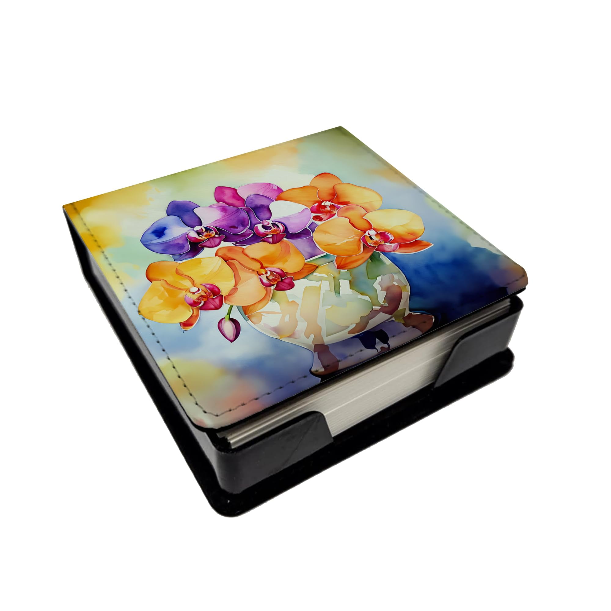 Caroline's Treasures Orchids in Watercolor PU Leather Note Paper Holder with Artist-Designed Cover, Desk Accessory, Office Gift