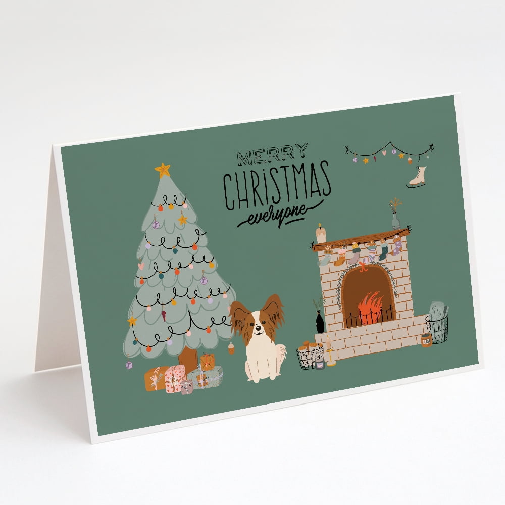 Red White Papillon Christmas Everyone Greeting Cards and Envelopes Pack of 8
