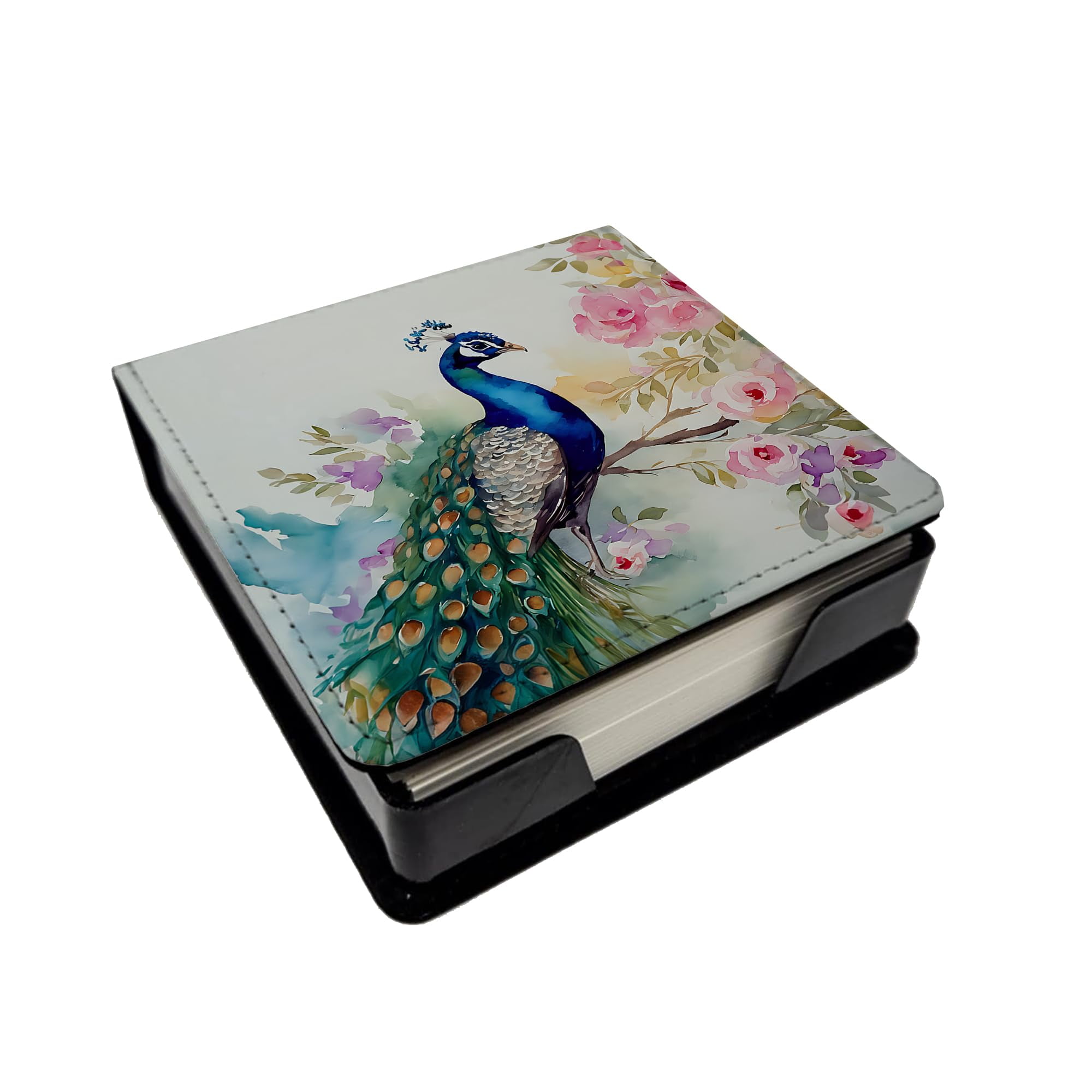 Caroline's Treasures Peacock PU Leather Note Paper Holder with Artist-Designed Cover, Desk Accessory, Office Gift
