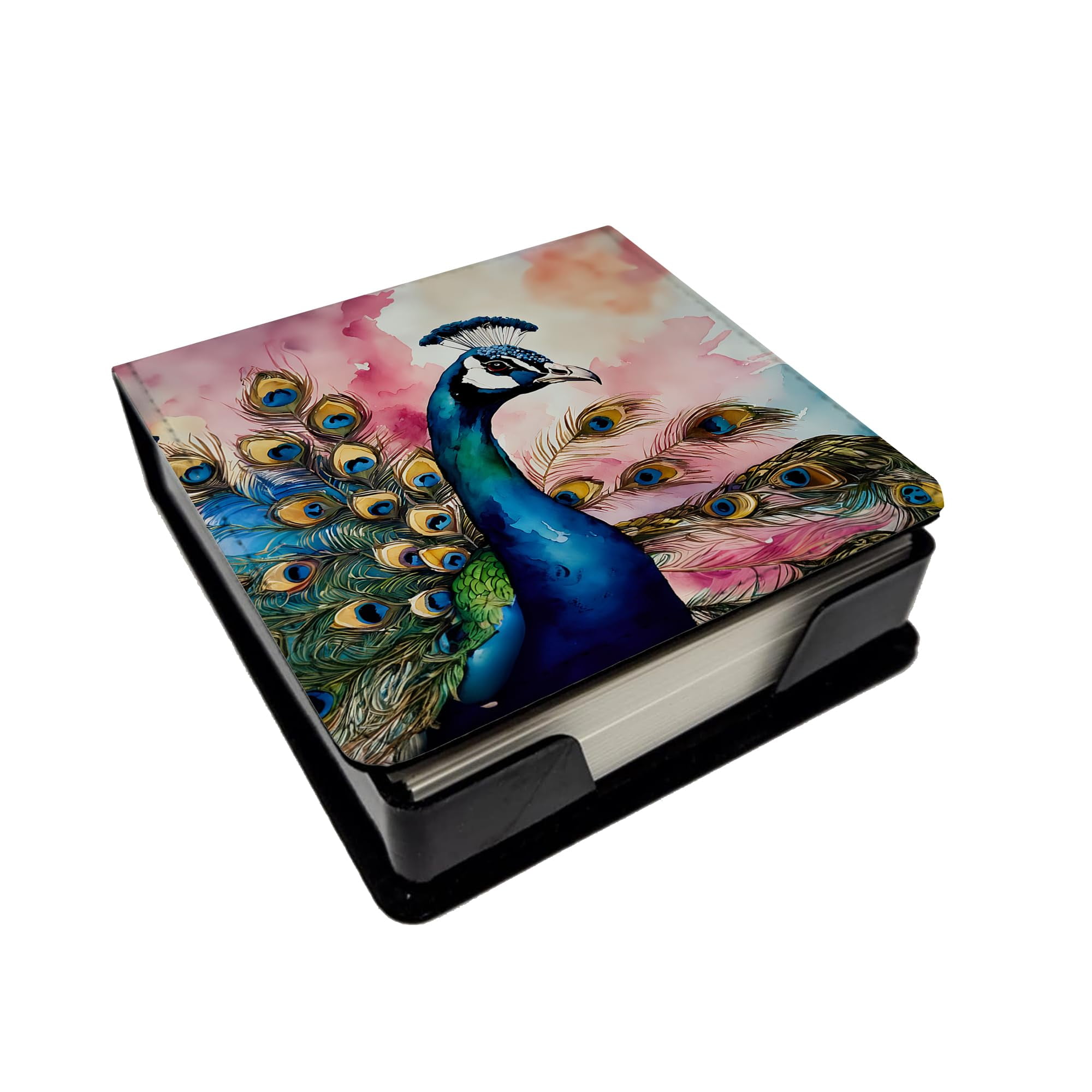 Caroline's Treasures Peacock PU Leather Note Paper Holder with Artist-Designed Cover, Desk Accessory, Office Gift