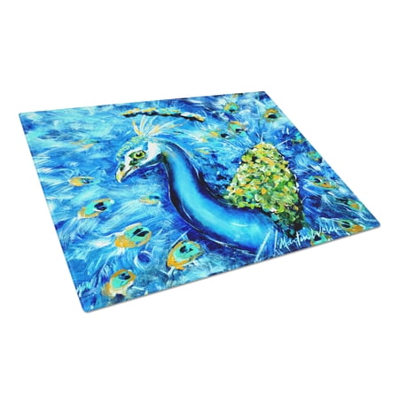 Caroline's Treasures Peacock Straight Up in Blue Glass Cutting Board Large Size