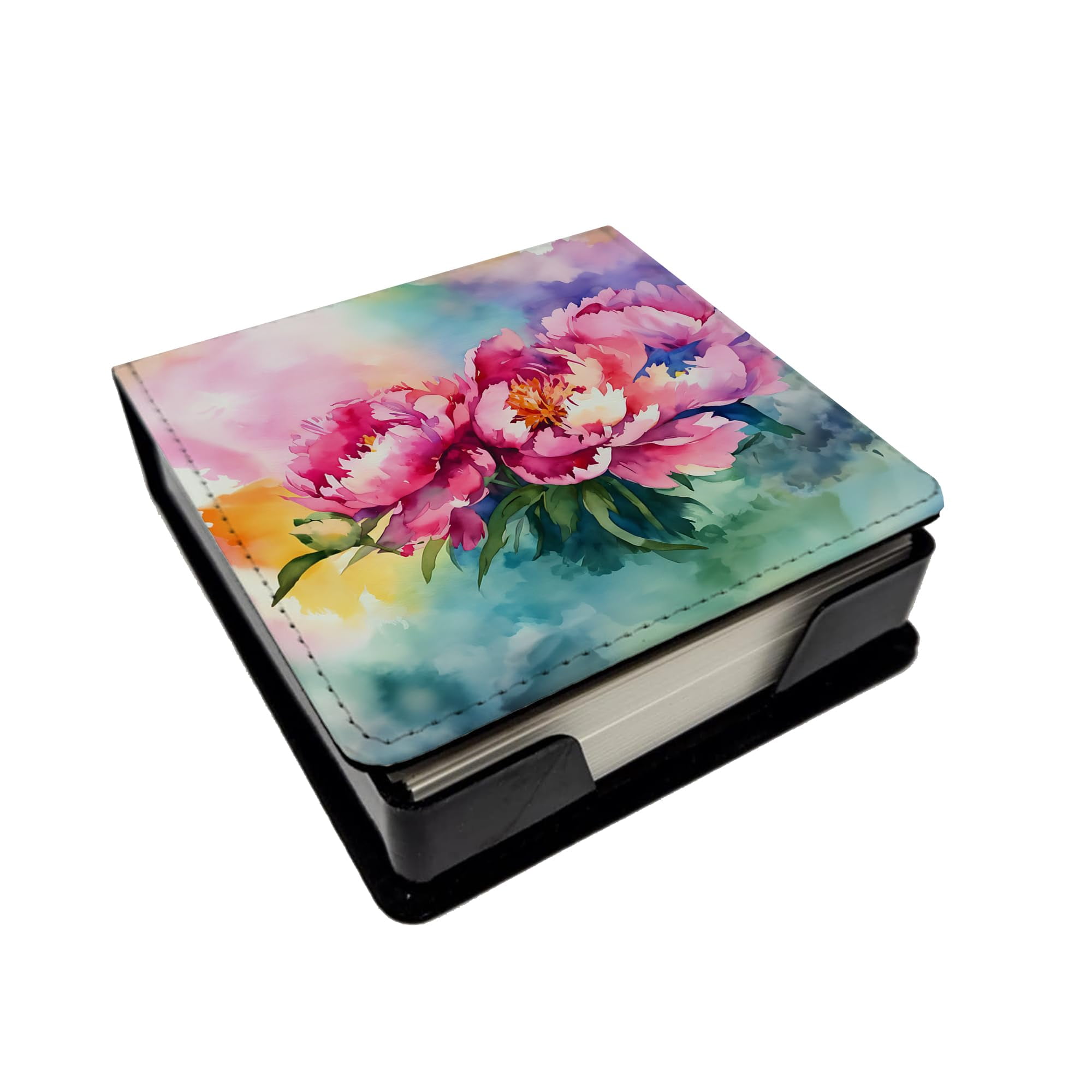 Caroline's Treasures Peonies in Watercolor PU Leather Note Paper Holder with Artist-Designed Cover, Desk Accessory, Office Gift