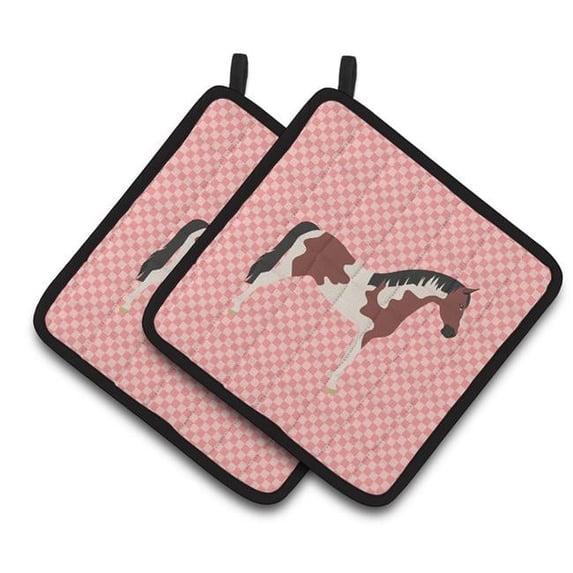 Caroline's Treasures Pinto Horse Pink Check Pair of Pot Holders