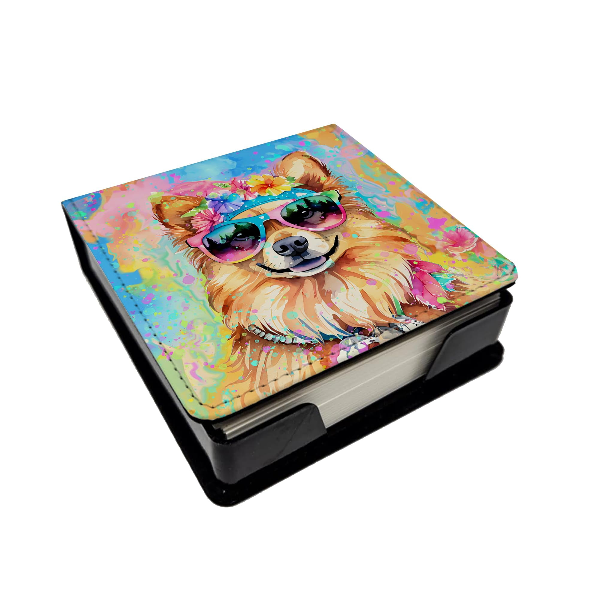 Caroline's Treasures Pomeranian Hippie Dawg PU Leather Note Paper Holder with Artist-Designed Cover, Desk Accessory, Office Gift