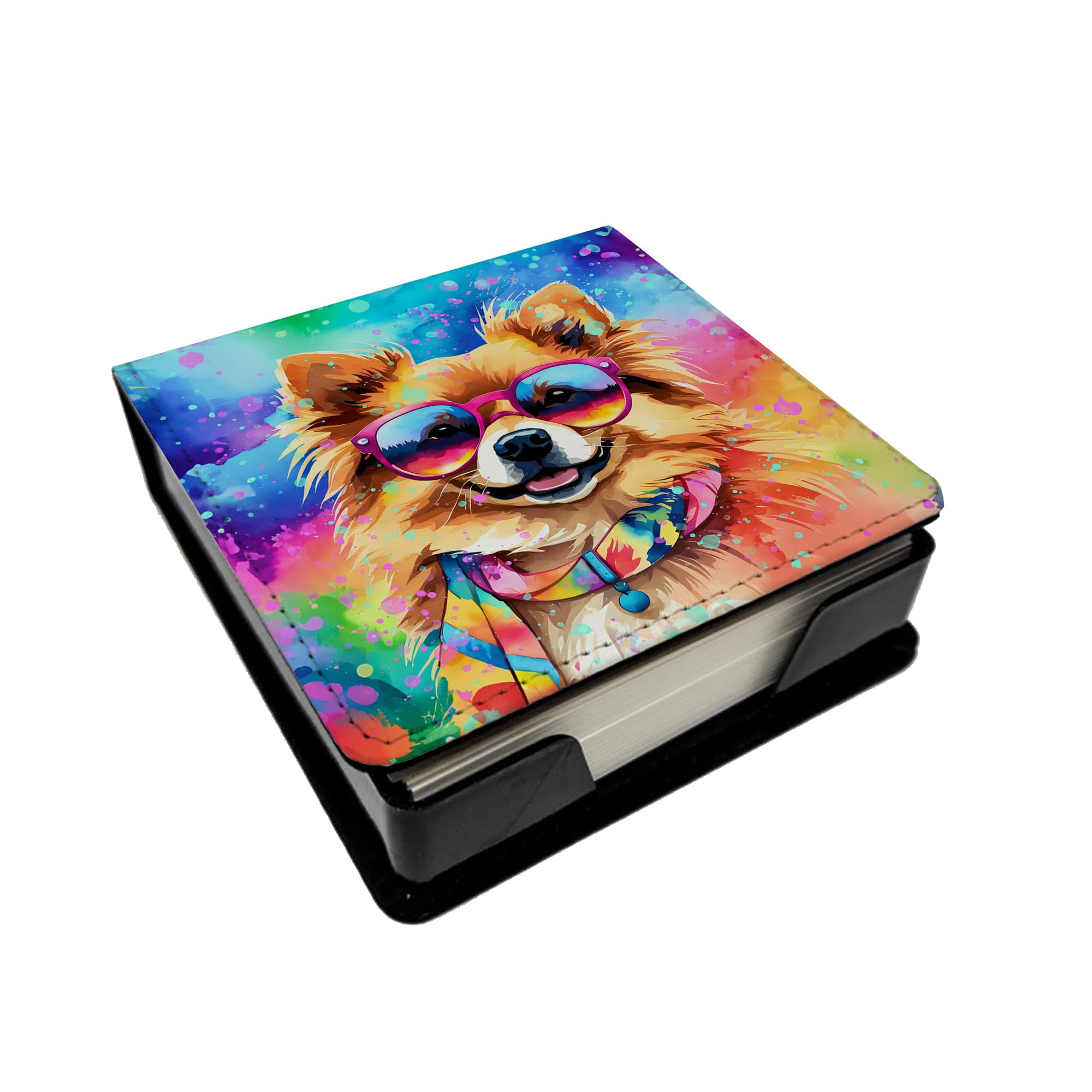 Caroline's Treasures Pomeranian Hippie Dawg PU Leather Note Paper Holder with Artist-Designed Cover, Desk Accessory, Office Gift