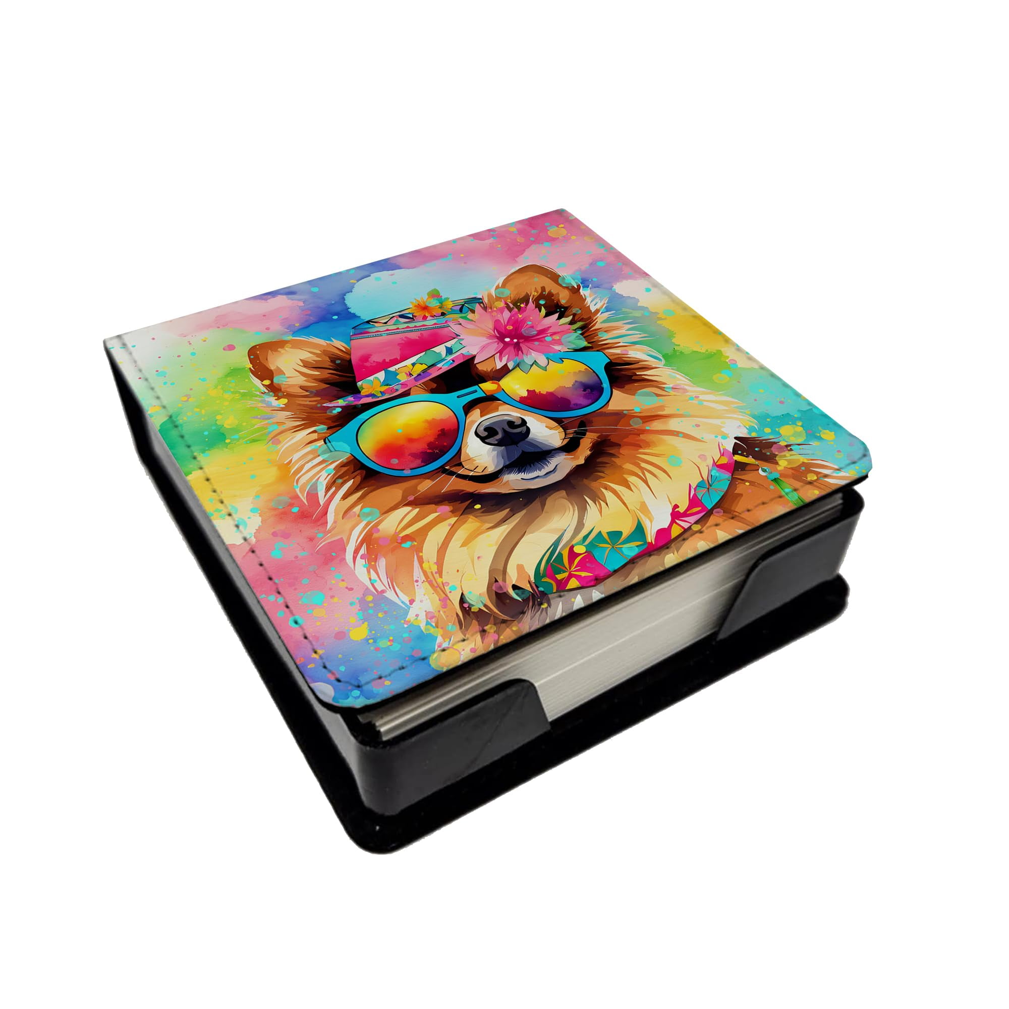 Caroline's Treasures Pomeranian Hippie Dawg PU Leather Note Paper Holder with Artist-Designed Cover, Desk Accessory, Office Gift