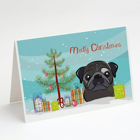 Christmas Tree and Black Pug Greeting Cards and Envelopes Pack of 8