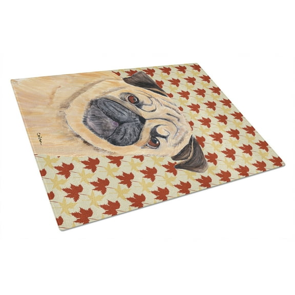 Caroline's Treasures Pug Fall Leaves Portrait Glass Cutting Board Large