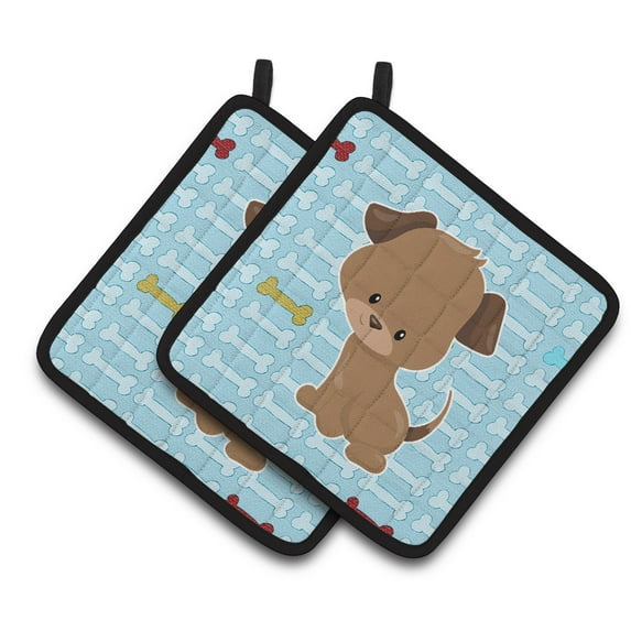 Puppy on Blue Bones Pair of Pot Holders