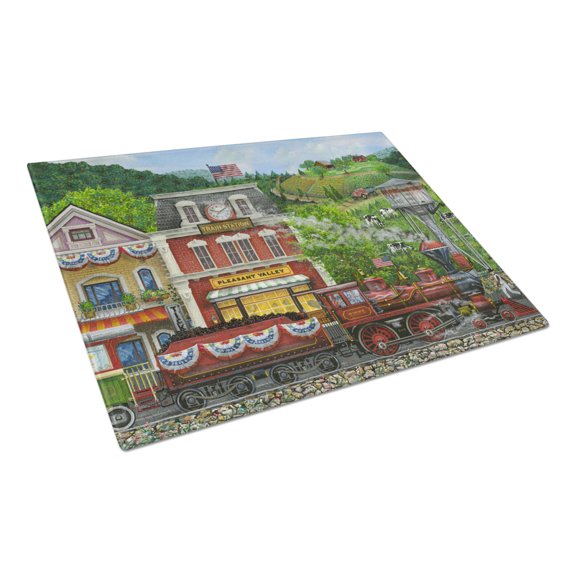 Caroline's Treasures Railroad Train Next Stop Pleasant Valley Glass Cutting Board Large