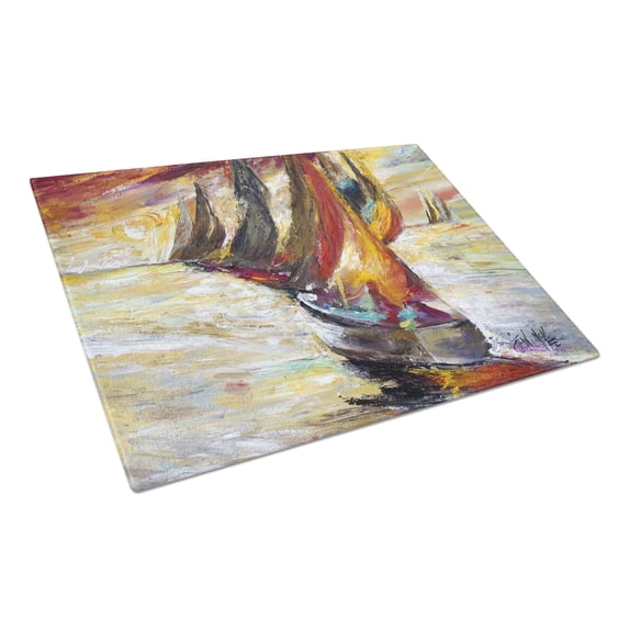 Caroline's Treasures Red Sails Sailboat Glass Cutting Board Large