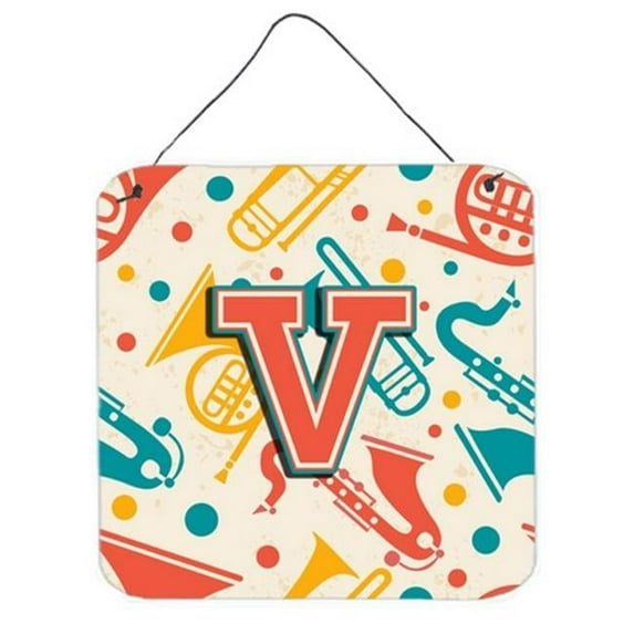 Carolines Treasures CJ2001-VDS66 Letter V Retro Teal Orange Musical Instruments Initial Wall and Door Hanging Prints