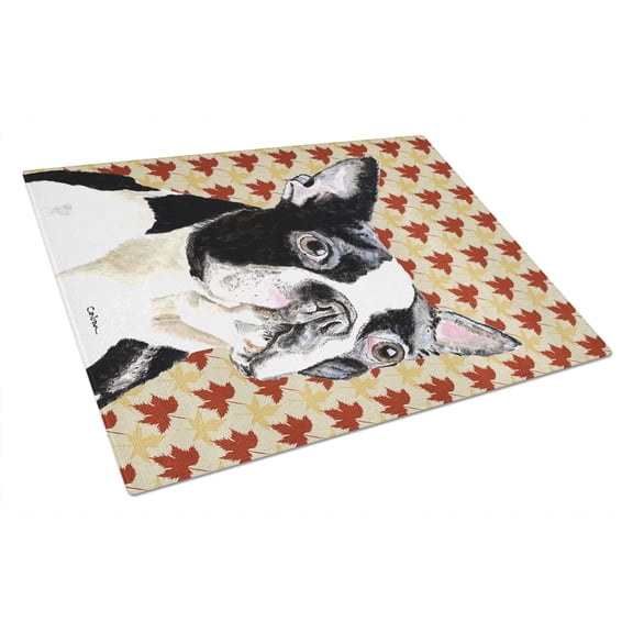 Caroline's Treasures SC9200LCB Boston Terrier Fall Leaves Portrait Glass Cutting Board Large, 12H x 16W, multicolor
