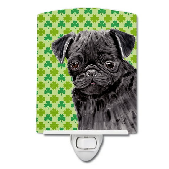 Caroline's Treasures SC9286CNL Pug Black St. Patrick's Day Shamrock Portrait Ceramic Night Light, 6x4x3", multicolor