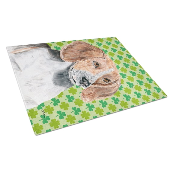 Caroline's Treasures SC9579LCB English Foxhound Lucky Shamrock St. Patrick's Day Glass Cutting Board Large, 12H x 16W,