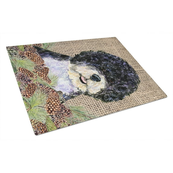 Caroline's Treasures SS4081LCB Portuguese Water Dog on Faux Burlap with Pine Cones Glass Cutting Board Large, 12H x 16W,
