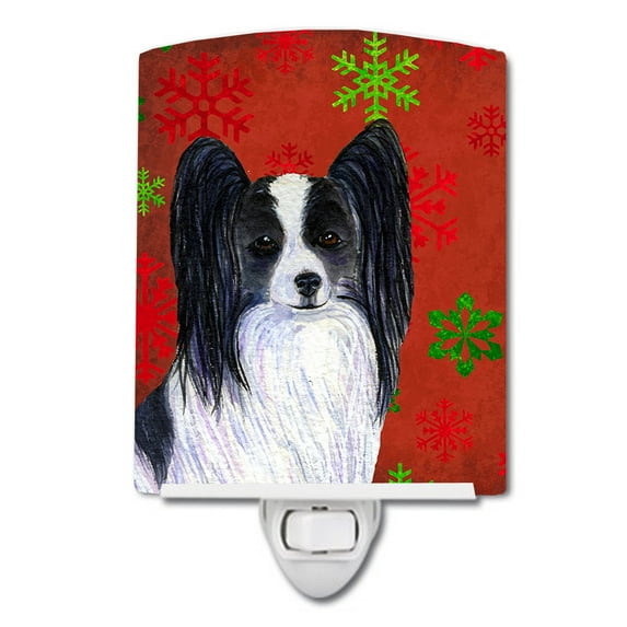 Caroline's Treasures SS4712CNL Papillon Red and Green Snowflakes Holiday Christmas Ceramic Night Light, 6x4x3",