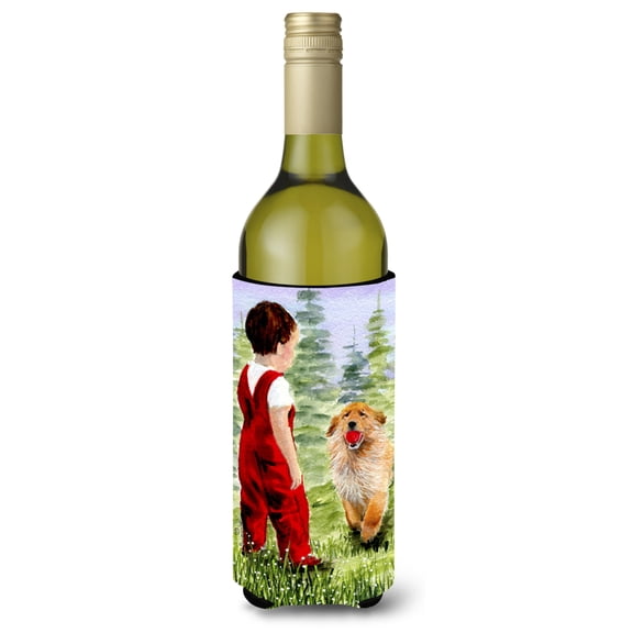 Caroline's Treasures SS8545LITERK Little Boy with his Golden Retriever Wine Bottle Hugger, Wine Bottle, multicolor