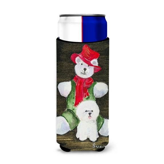Caroline's Treasures SS8948MUK Bichon Frise with Teddy Bear Ultra Hugger for slim cans, Slim Can, multicolor
