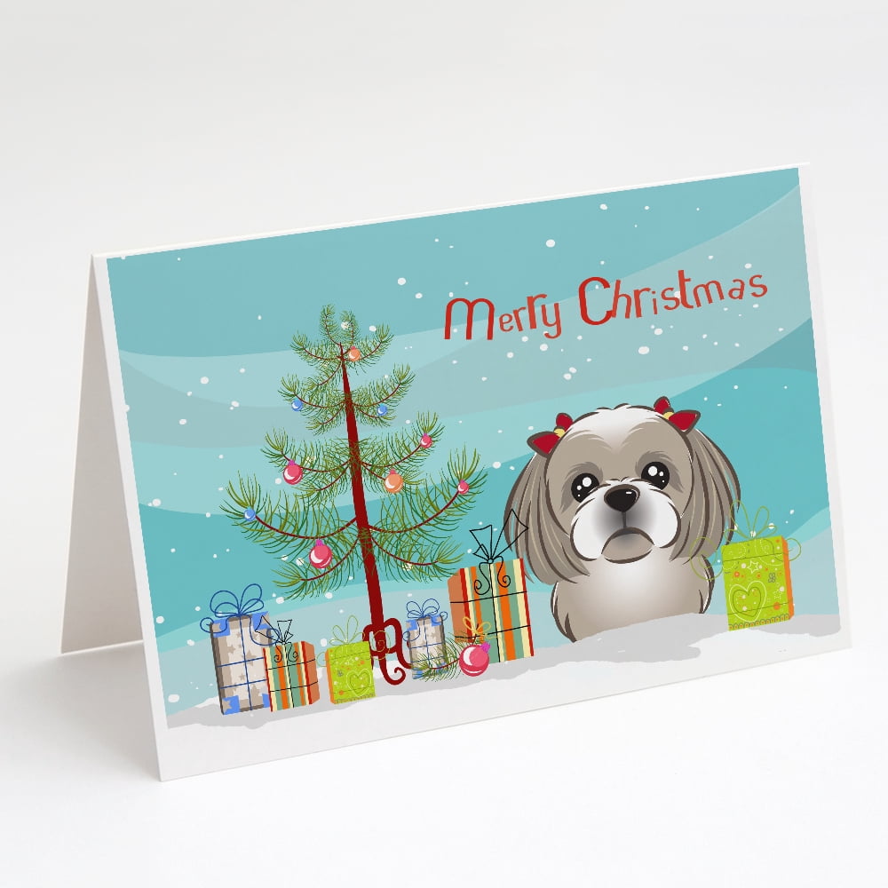 Christmas Tree and Gray Silver Shih Tzu Greeting Cards and Envelopes Pack of 8