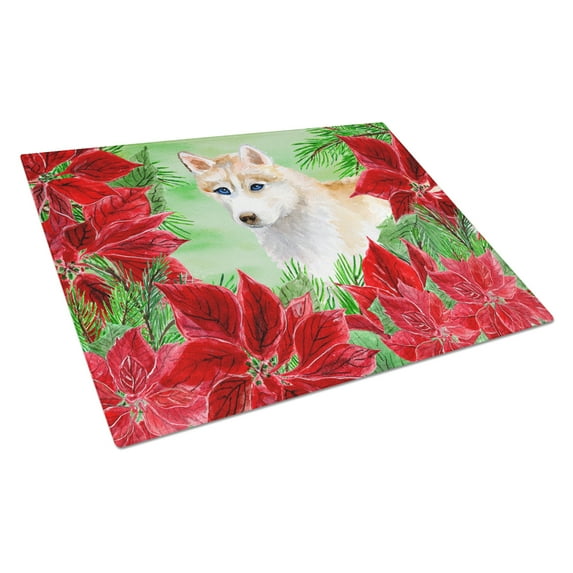 Caroline's Treasures Siberian Husky Poinsettas Glass Cutting Board Large