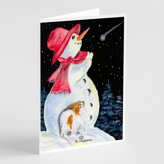 Snowman with Papillon Greeting Cards and Envelopes Pack of 8