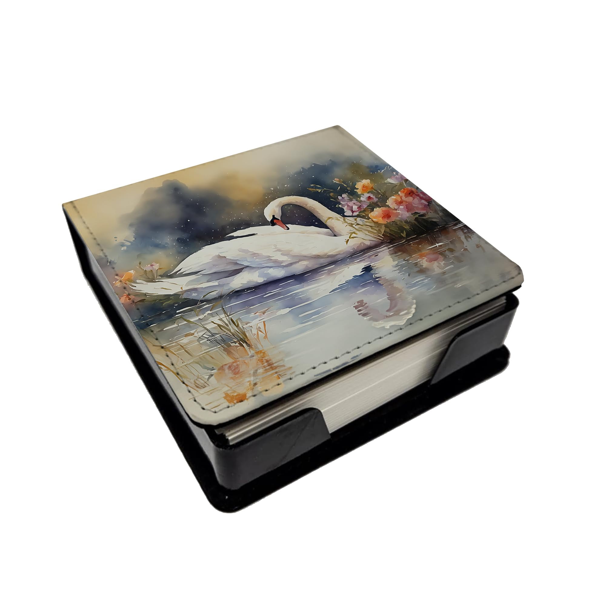 Caroline's Treasures Swan PU Leather Note Paper Holder with Artist-Designed Cover, Desk Accessory, Office Gift