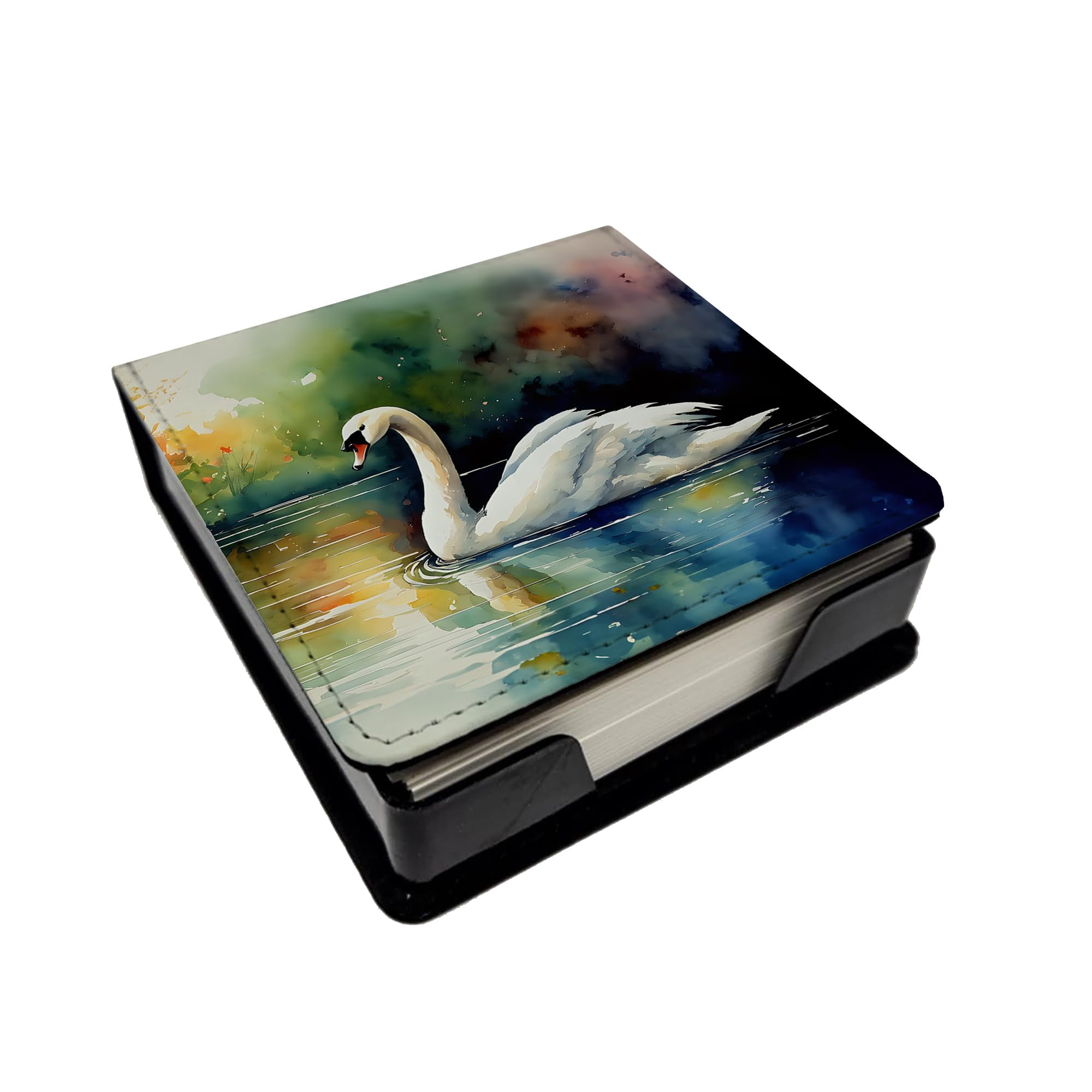 Caroline's Treasures Swan PU Leather Note Paper Holder with Artist-Designed Cover, Desk Accessory, Office Gift