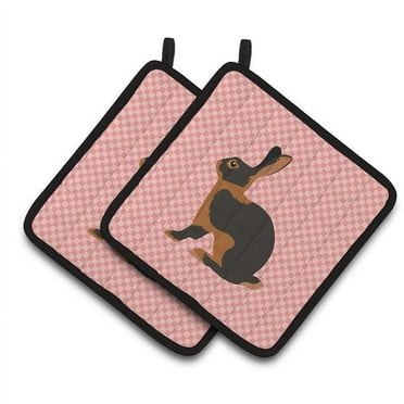 Caroline's Treasures Tan Rabbit Pink Check Pair of Pot Holders