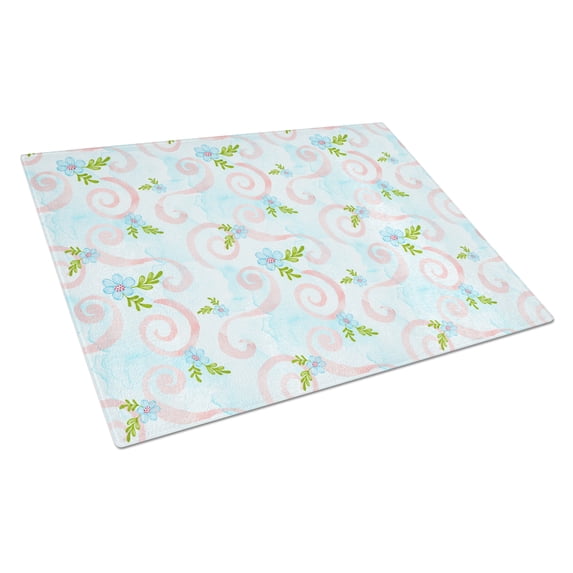 Caroline's Treasures Watercolor Blue Flowers and Swirls Glass Cutting Board Large