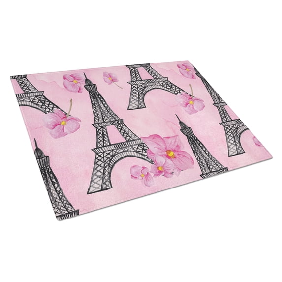 Caroline's Treasures Watercolor Pink Flowers and Eiffel Tower Glass Cutting Board Large