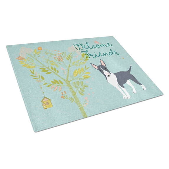 Caroline's Treasures Welcome Friends Black Bull Terrier Glass Cutting Board Large