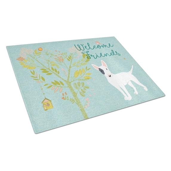 Caroline's Treasures Welcome Friends White Patched Bull Terrier Glass Cutting Board Large