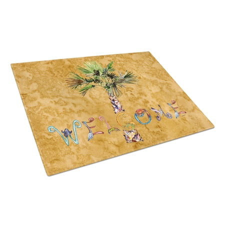 Caroline's Treasures Welcome Palm Tree on Gold Glass Cutting Board Large