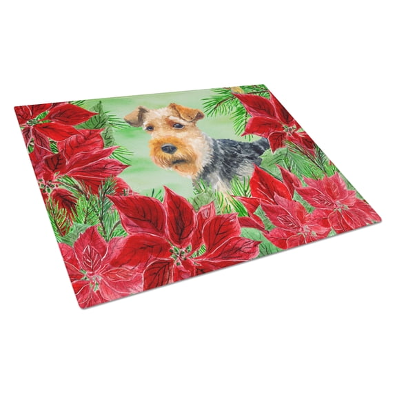 Caroline's Treasures Welsh Terrier Poinsettas Glass Cutting Board Large