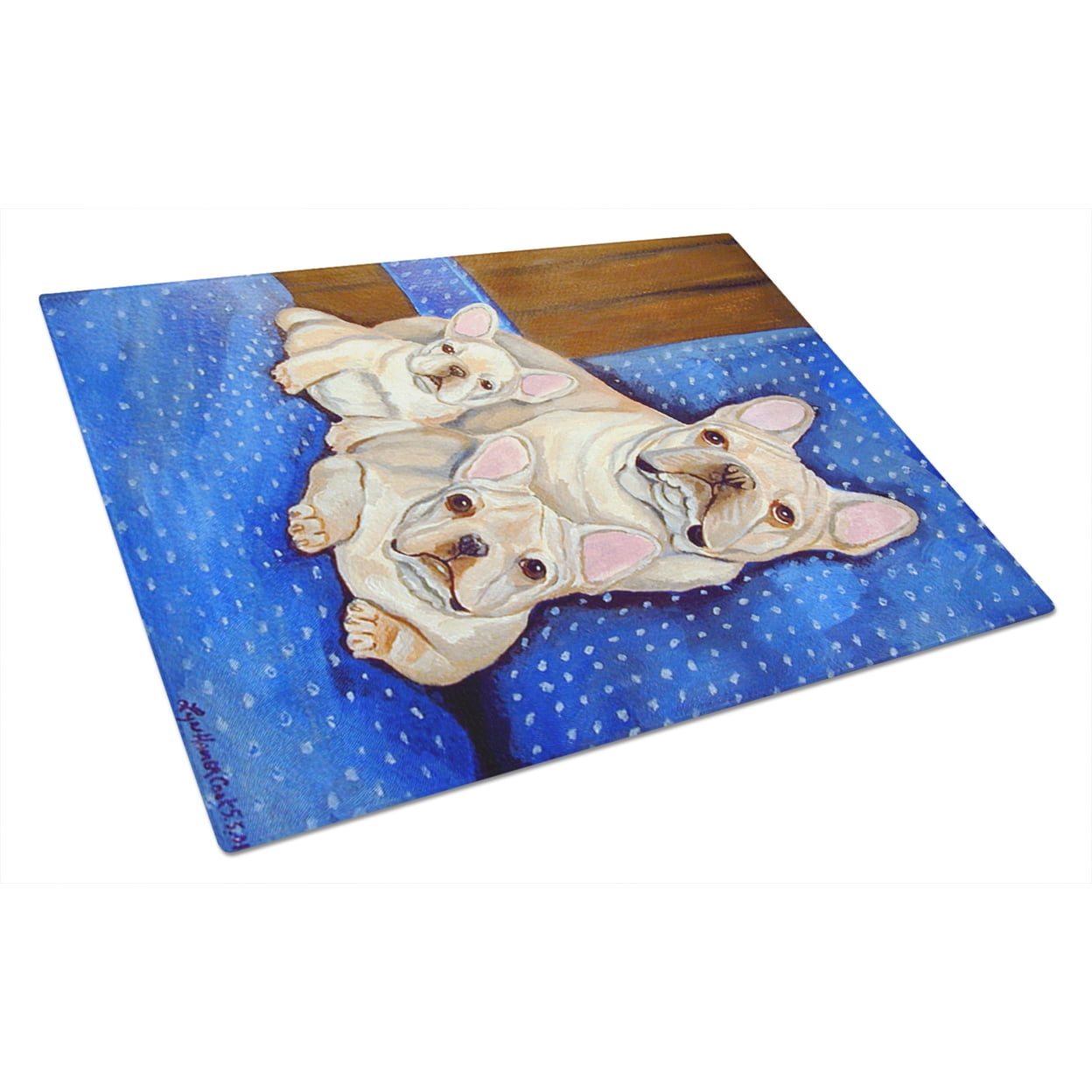 White Frenchies in Momma's Chair French Bulldog Glass Cutting Board Large