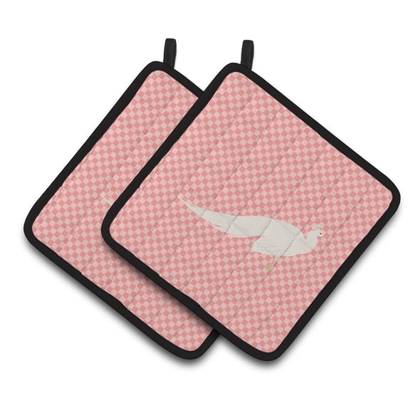 Caroline's Treasures White Peacock Peafowl Pink Check Pair of Pot Holders