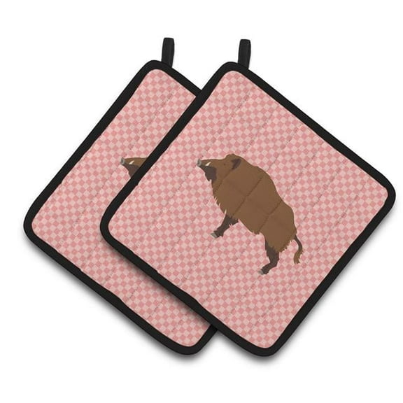 Caroline's Treasures Wild Boar Pig Pink Check Pair of Pot Holders