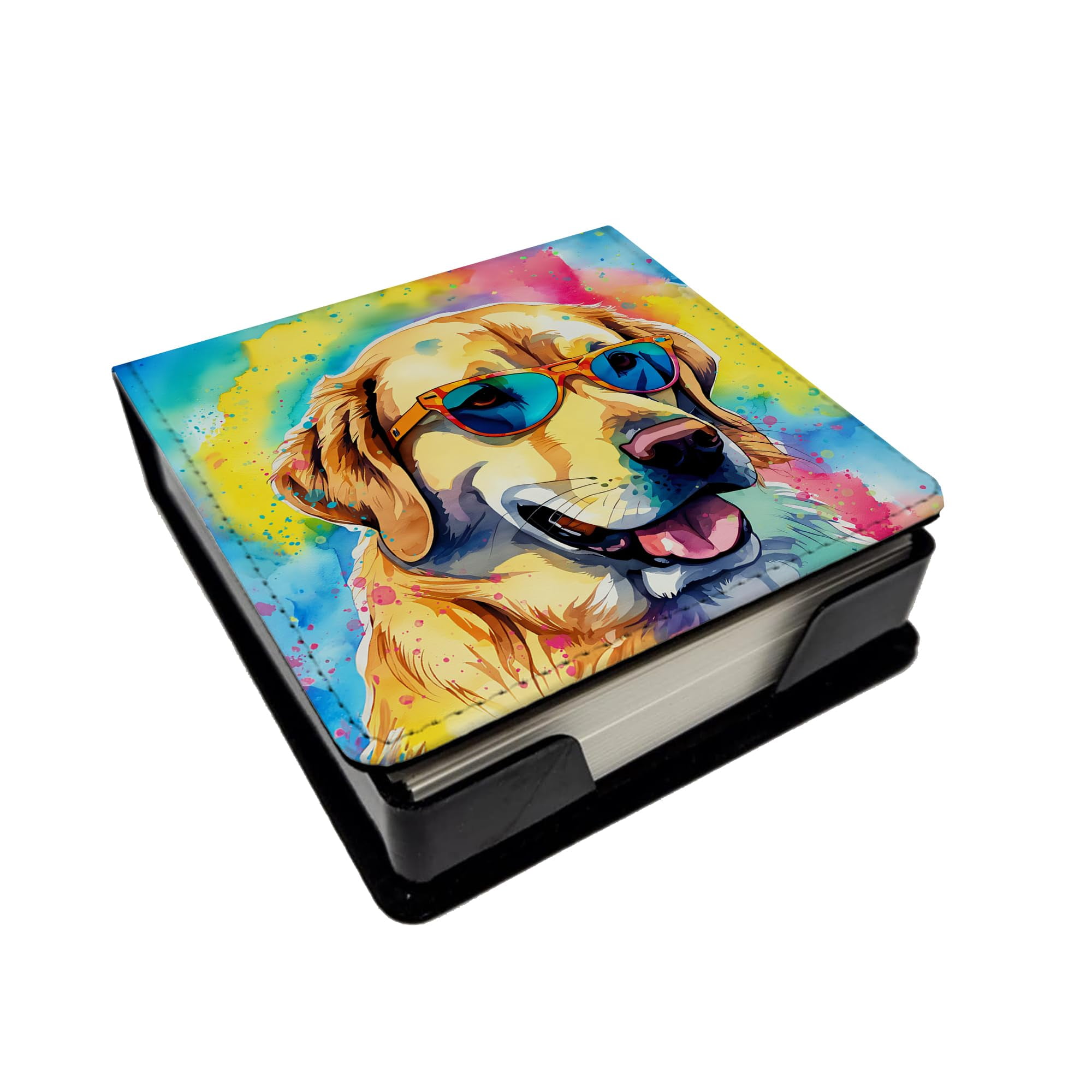 Caroline's Treasures Yellow Labrador Hippie Dawg PU Leather Note Paper Holder with Artist-Designed Cover, Desk Accessory, Office Gift