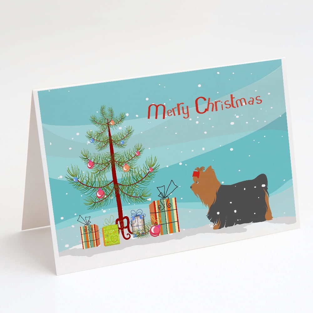 Yorkshire Terrier Yorkie Merry Christmas Tree Greeting Cards and Envelopes Pack of 8