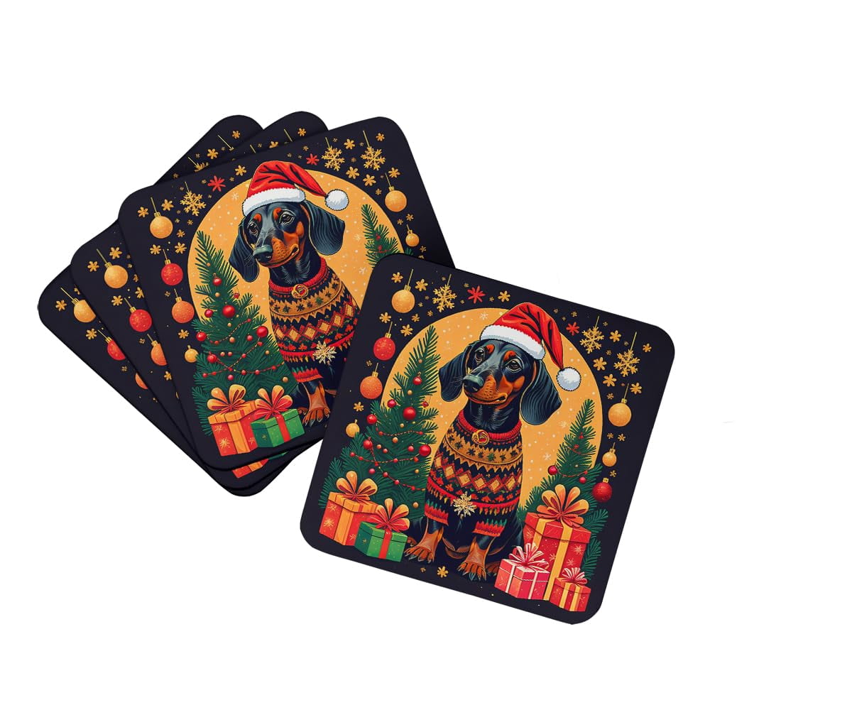 Black and Tan Dachshund Christmas Foam Coaster Set of 4 3.5 in x 3.5 in