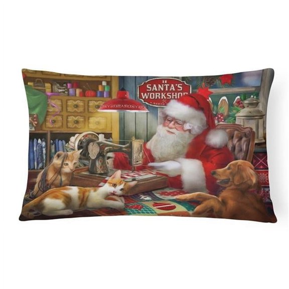 Carolines Treasures  12 x 3 x 16 in. Santas Workshop, Golden Retriever & Cats Canvas Fabric Decorative Pillow