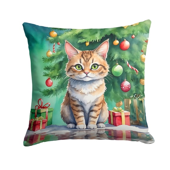 Carolines Treasures DAC7245PW1414 14 x 14 in. Pixie Bob Cat by the Christmas Tree Throw Pillow