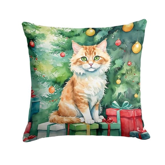 Carolines Treasures DAC7258PW1414 14 x 14 in. Skookum Cat by the Christmas Tree Throw Pillow