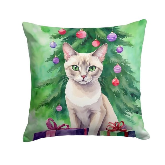 Carolines Treasures DAC7264PW1414 14 x 14 in. Thai Lilac Cat by the Christmas Tree Throw Pillow