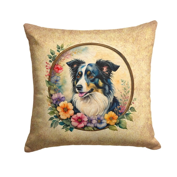 Carolines Treasures 14 x 14 in. Unisex Border Collie & Flowers Fabric Decorative Pillow